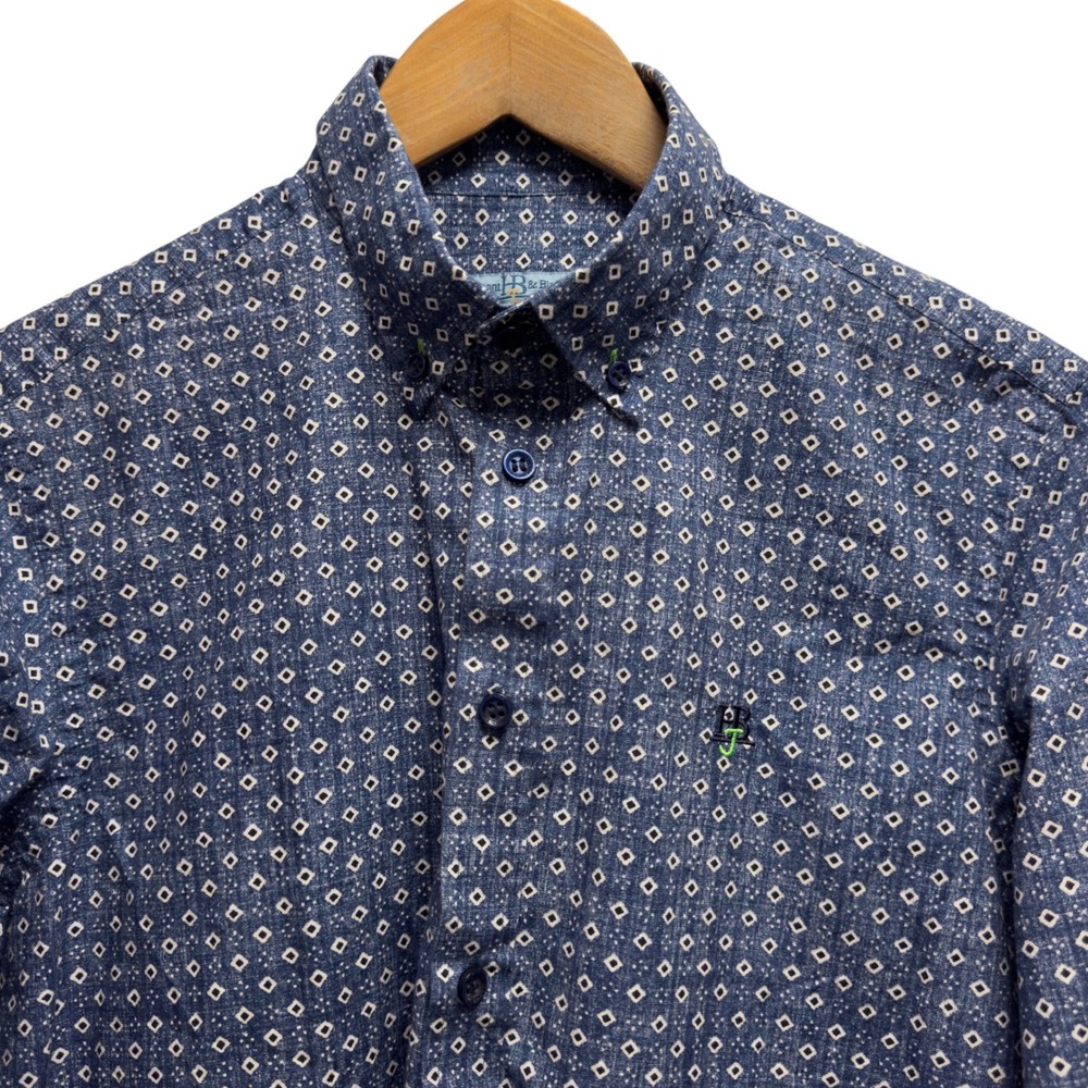 Harmont & Blaine Jeans Men's Medium lue Geometric Button Down Cotton Linen Shirt